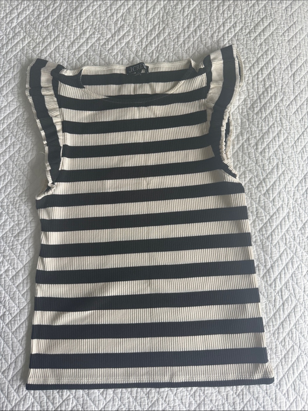 J. Crew Striped Ruffle Sleeve Tank Top - Black & Cream